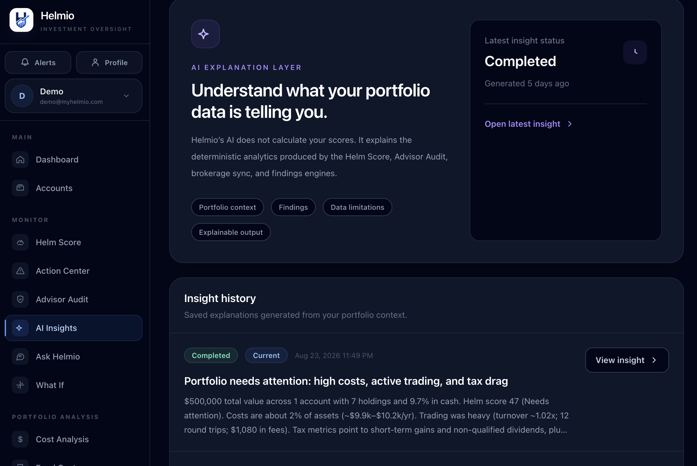 Helmio AI Insights page with explanation layer and insight history