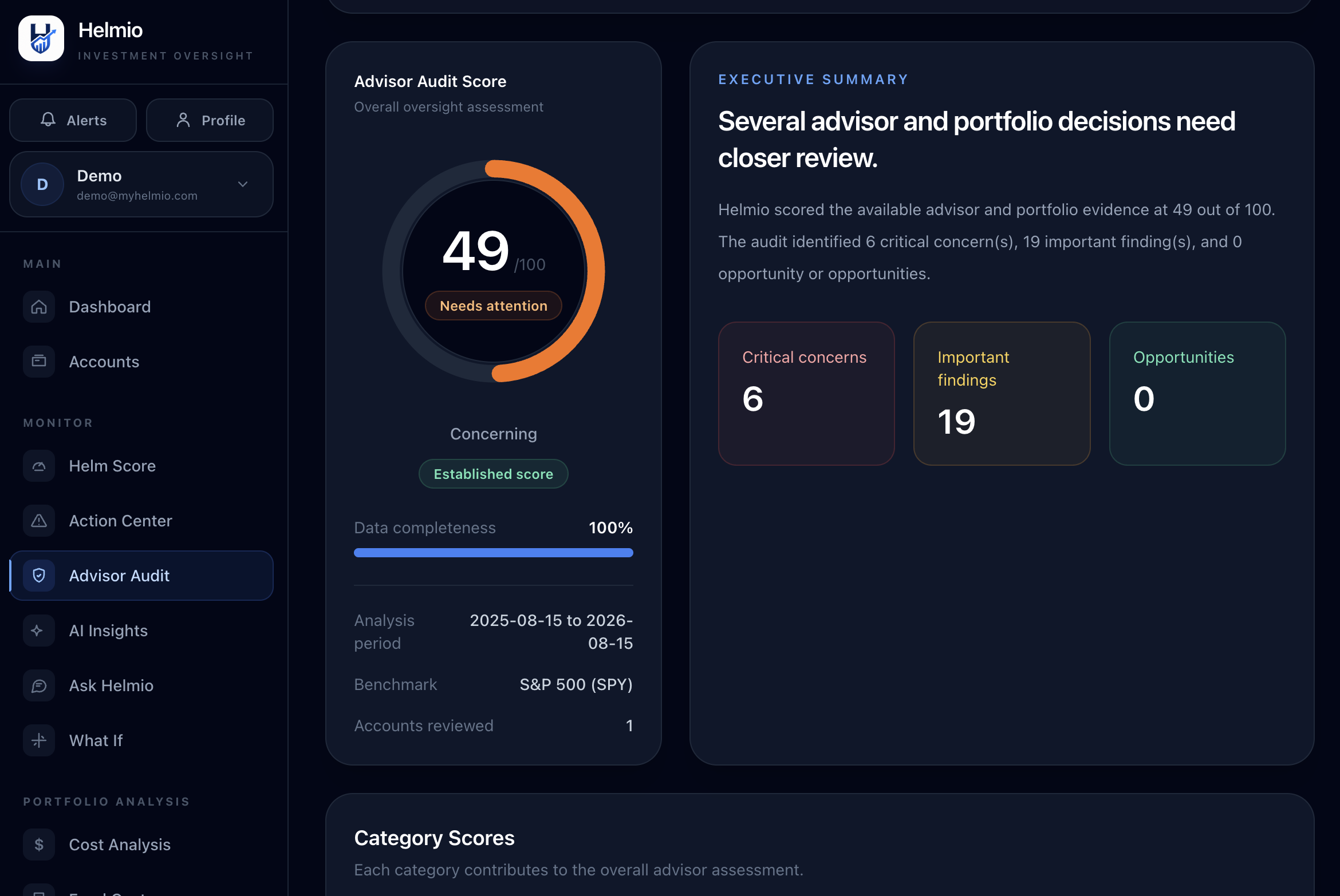 Helmio Advisor Audit showing an advisor audit score and findings