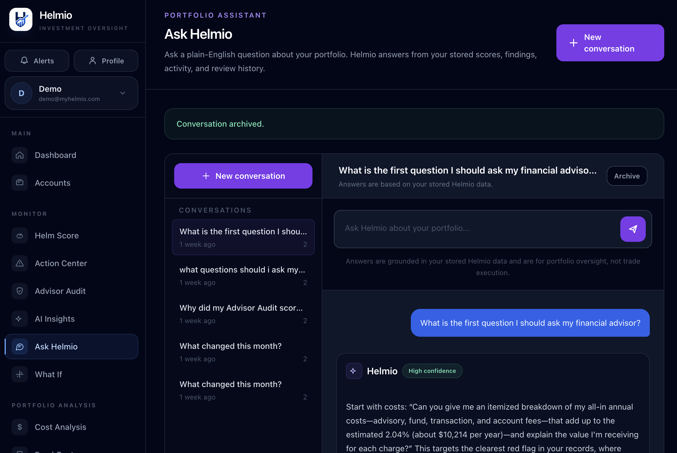 Ask Helmio portfolio assistant answering a portfolio-specific question
