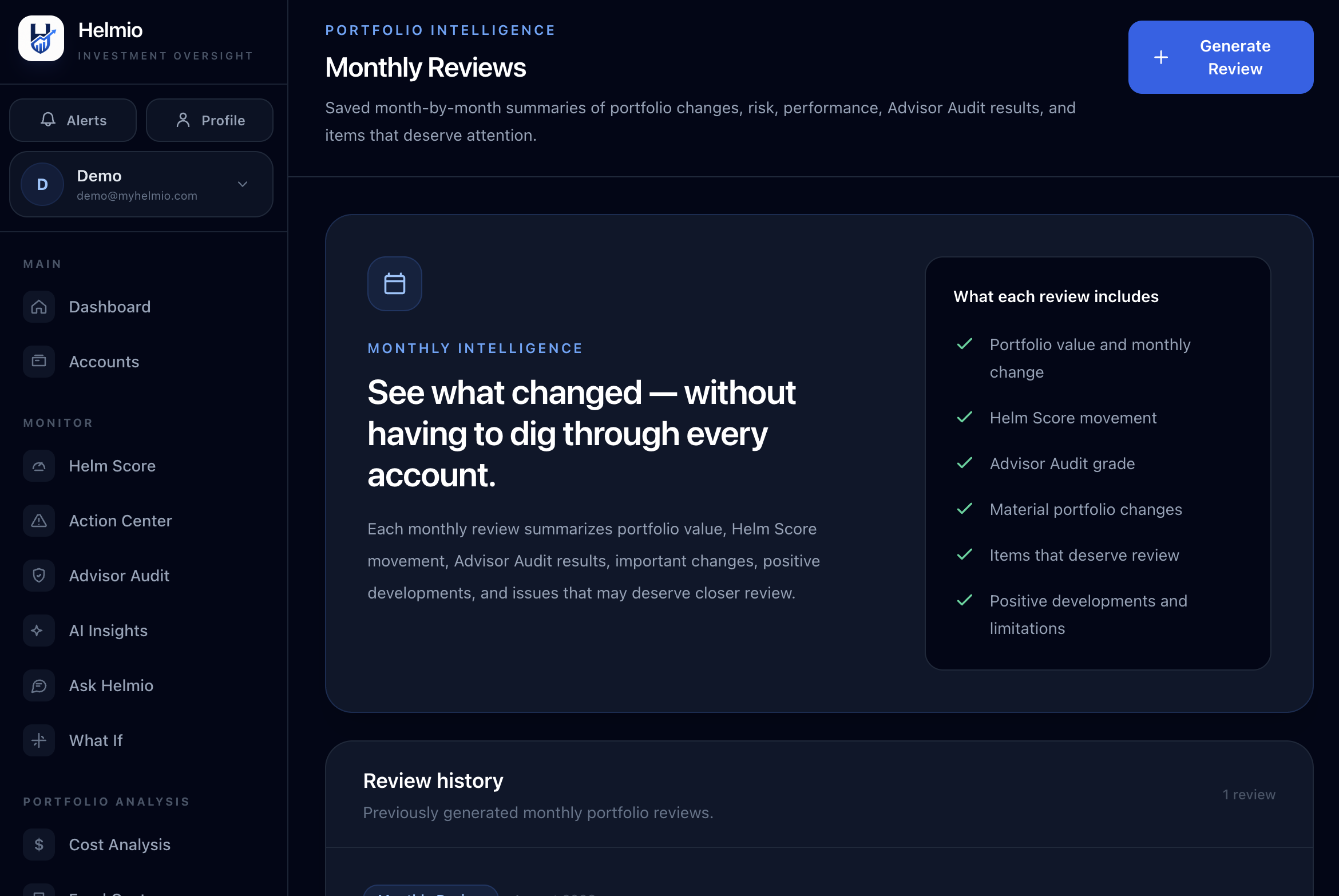 Helmio Monthly Reviews page describing monthly portfolio intelligence